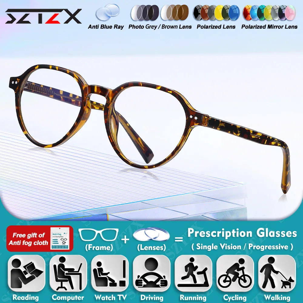 

SZTZX Classic Women Round Myopia Photochromic Glasses Anti Blue Light Reading Progressive Optical Eyeware with Prescription Lens