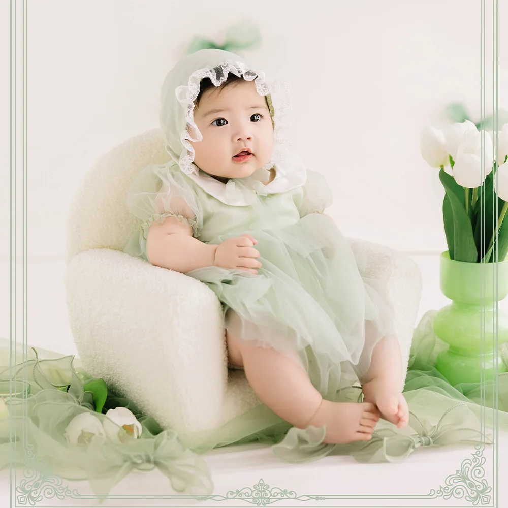 Ensemble de photographie de bébé fille, robe en dentelle, chapeau, ours, oreiller, nœud en maille, tulipe, accessoires décoratifs, vêtements doux et mignons, nouveau-né