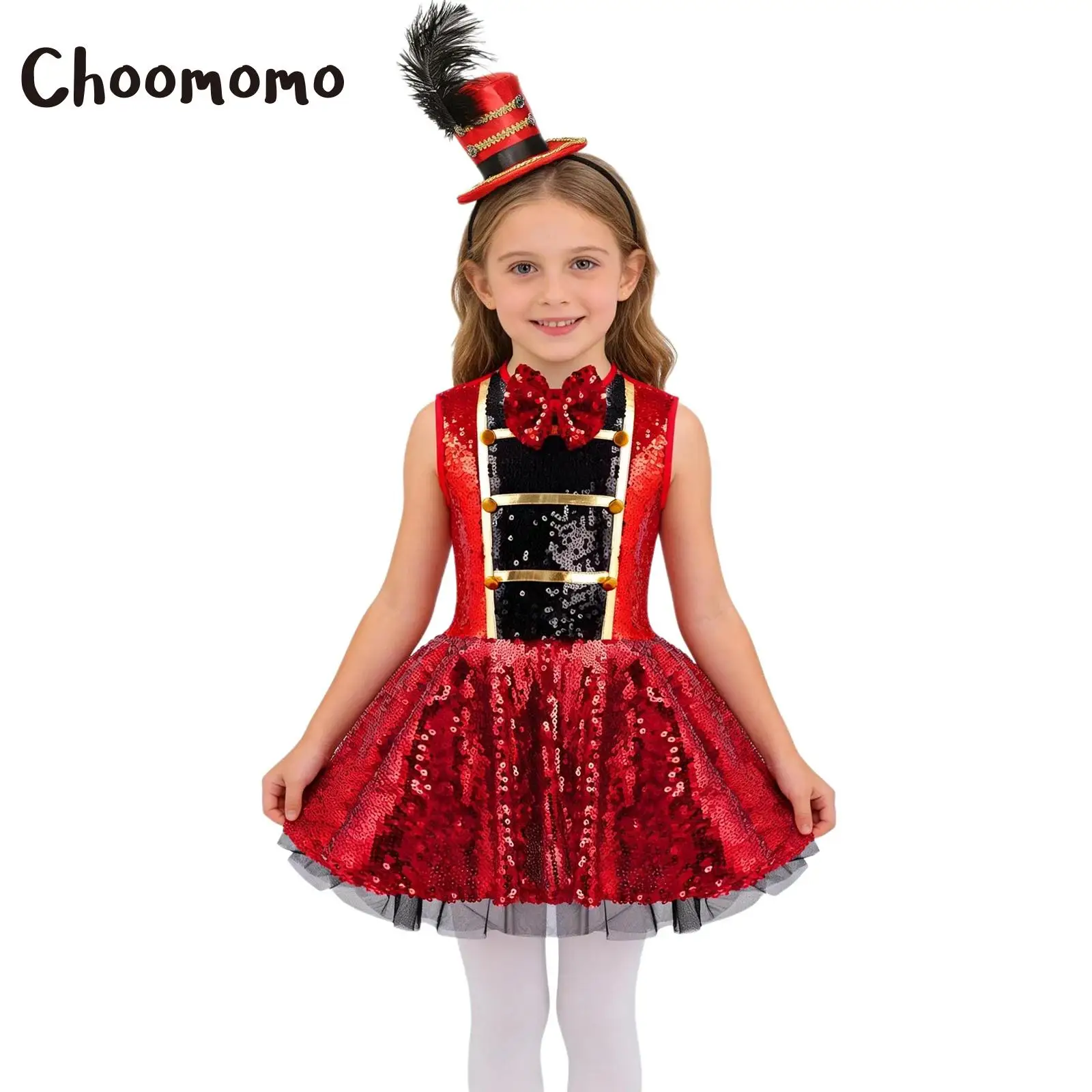 

Girls Circus Ringmaster Costume Shiny Sequins Leotard Ballet Tutu Dress with Feather Hat Halloween Carnival Fancy Party Dress Up
