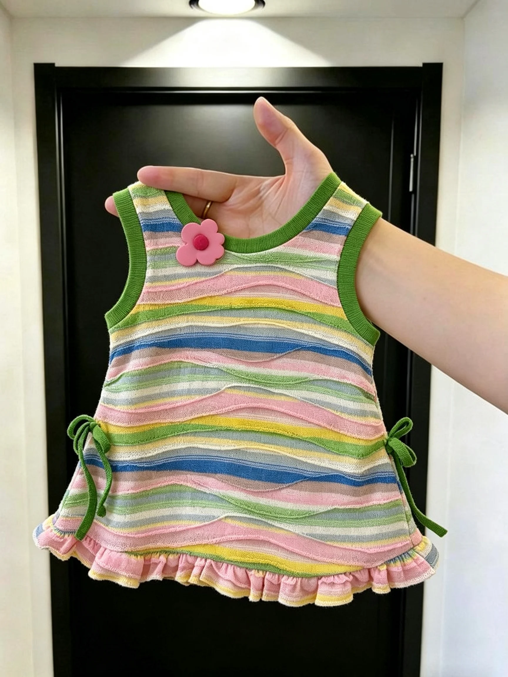 Girls Stripe Vest Dress Summer New Style Drawstring Ruffle Sleeveless Dress Skin-friendly Breathable Standard Fit round Neck