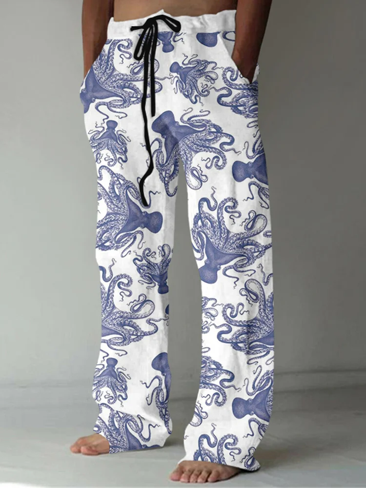New Drawstring Oversize Fashion Men's Bohemian Printed Wide Leg Pants 3D Printed Loose Casual Beach Straight Tubepants