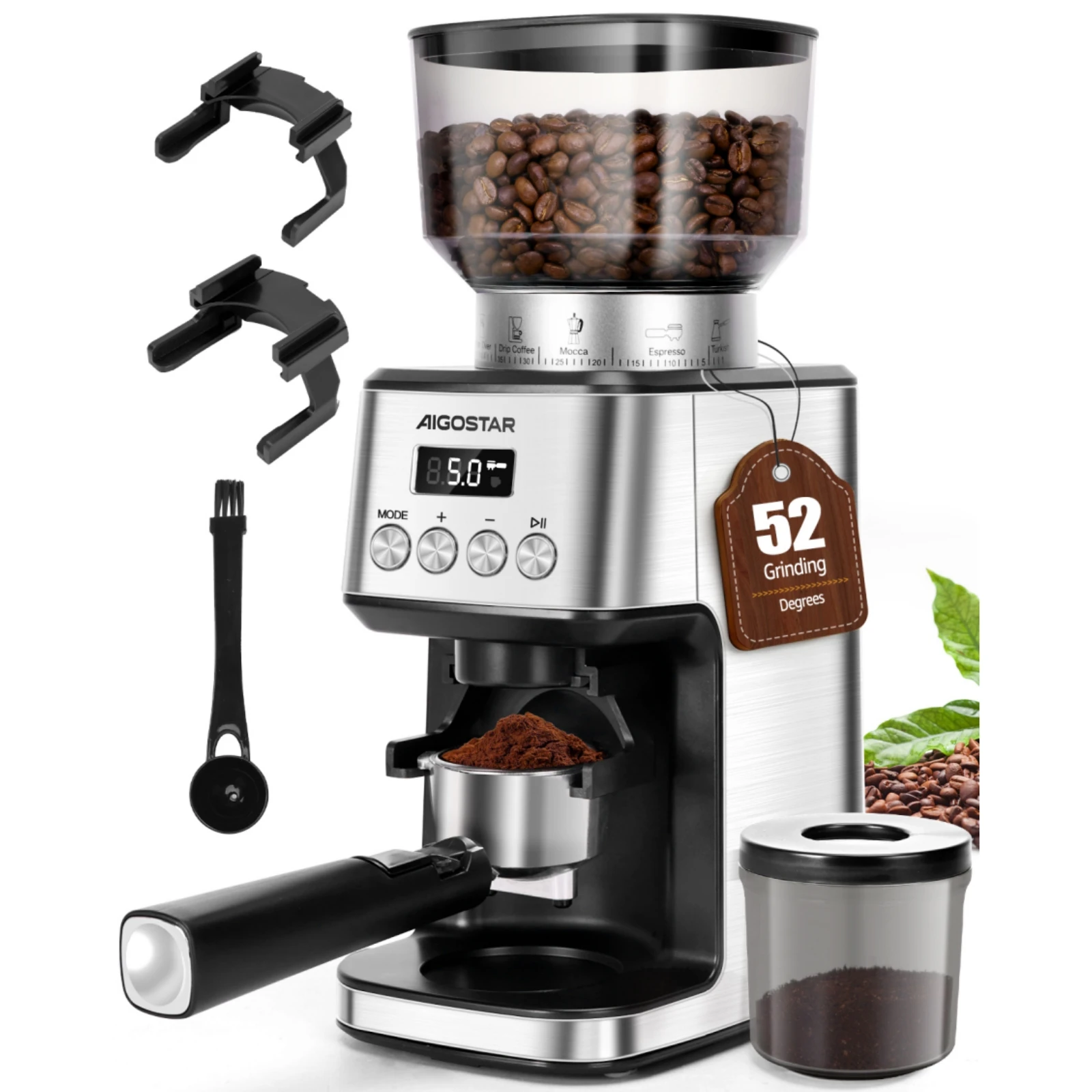 Aigostar Elektrische Kaffeemühle mit 52 Mahleinstellungen & Kegelmahlwerk – Professioneller Kaffeegrinder aus Edelstahl für Espresso, Filterkaffee & Siebträger, Präzises Digitaldisplay, Silber
