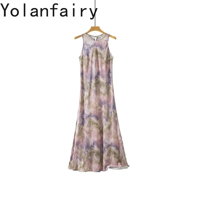 

YOLANFAIRY Real Silk Double Crepe Dresses for Women Summer 100% Mulberry Silk Woman Dress Elegant Sleeveless Long Evening Dress