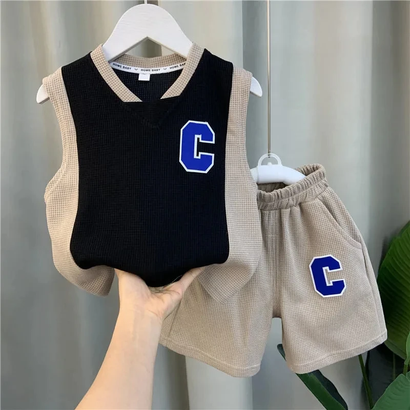 

New Summer Korean Cool Boys Clothing Set Vest & Pullover Children's Set for Boys Baby Clothes Children Breathable Waffle