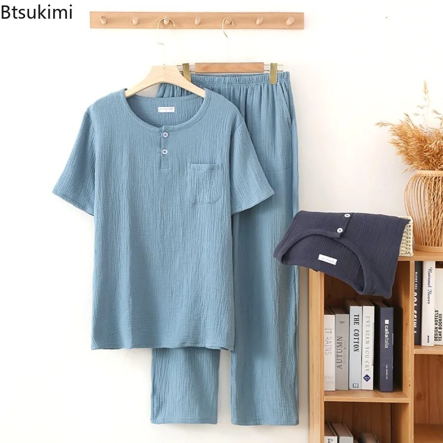 

Spring and Summer New Style Men's Pajamas Suit 100% Cotton Crepe Two Button Long Sleeved Trousers Two-piece Leisure Home Suit