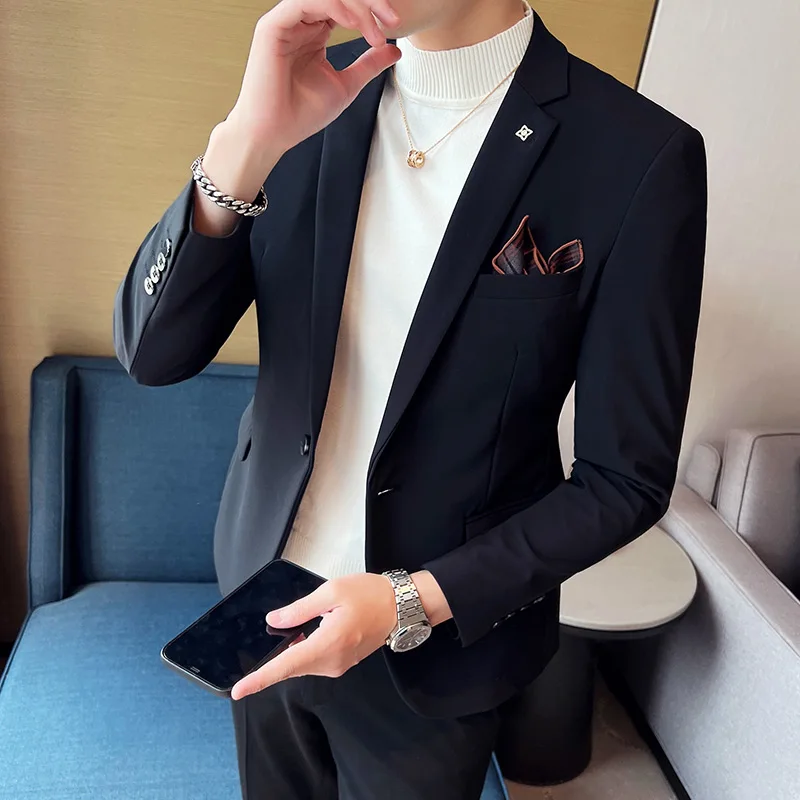 2023 Fashion Retro Black Suit Jacket Men Spring New High-Grade Office Mens Solid Color Blazers Big Collar Slim Suit Coats S-4XL