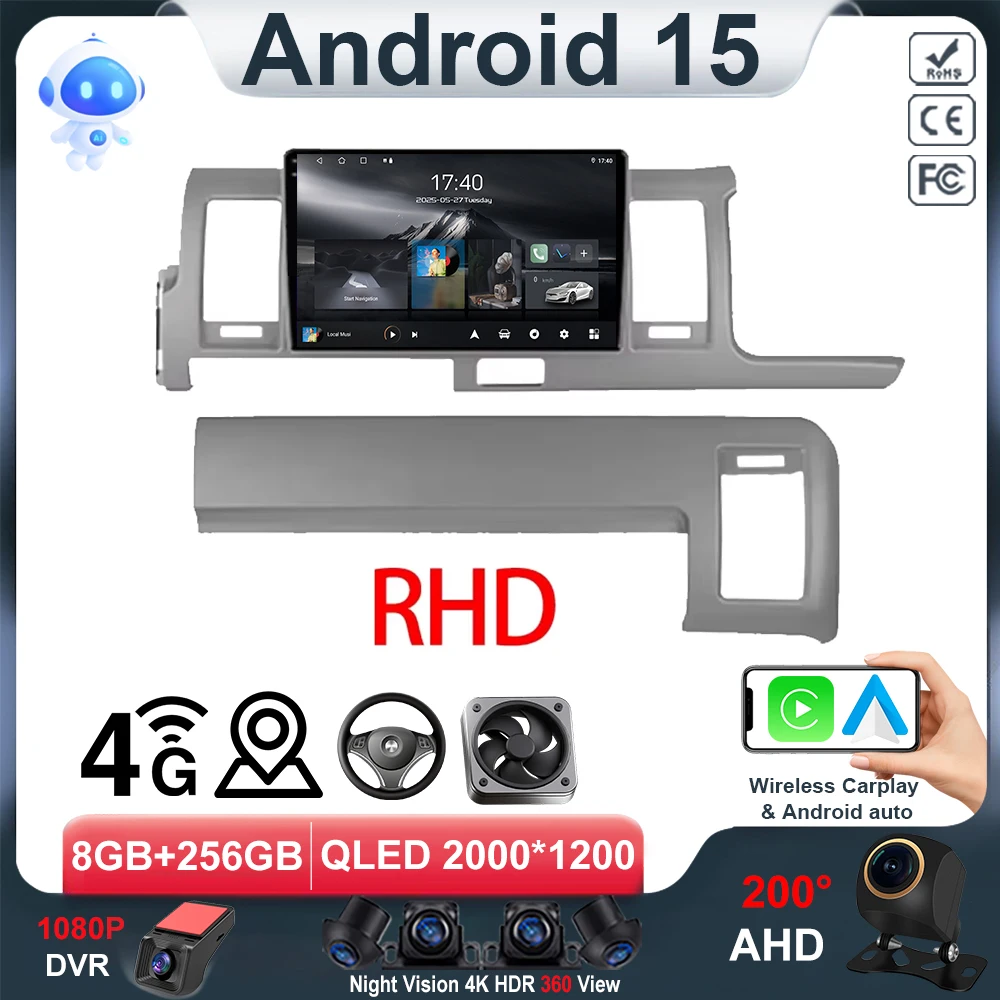 Android 15 Car Radio Wireless Carplay For Toyota Hiace H200 2010 - 2018 RHD Head Unit Stereo Multimedia Player GPS Navigation BT