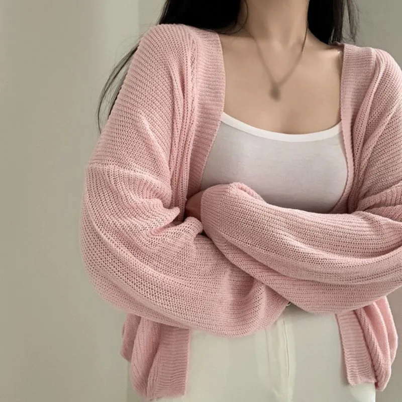 Summer Ice Silk Short Knitted Sunscreen Cardigan Solid Color Thin Versatile Casual Ice Silk Knit Cardigan Women Long Sleeve Top