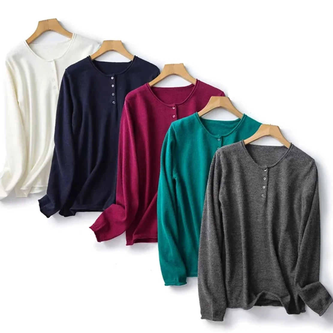 Jenny&Dave England Style Basic Multicolor Sweaters Women Tops Fashion Casual Wool Henry Collar Simple Long Sleeve Knitwear