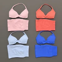 HISTELLO Gym Set 2 Piece Women Strappy Yoga Bra Top Workout Scrunch Shorts Sports Suit Fitness Clothes Seamless Yoga Set 3