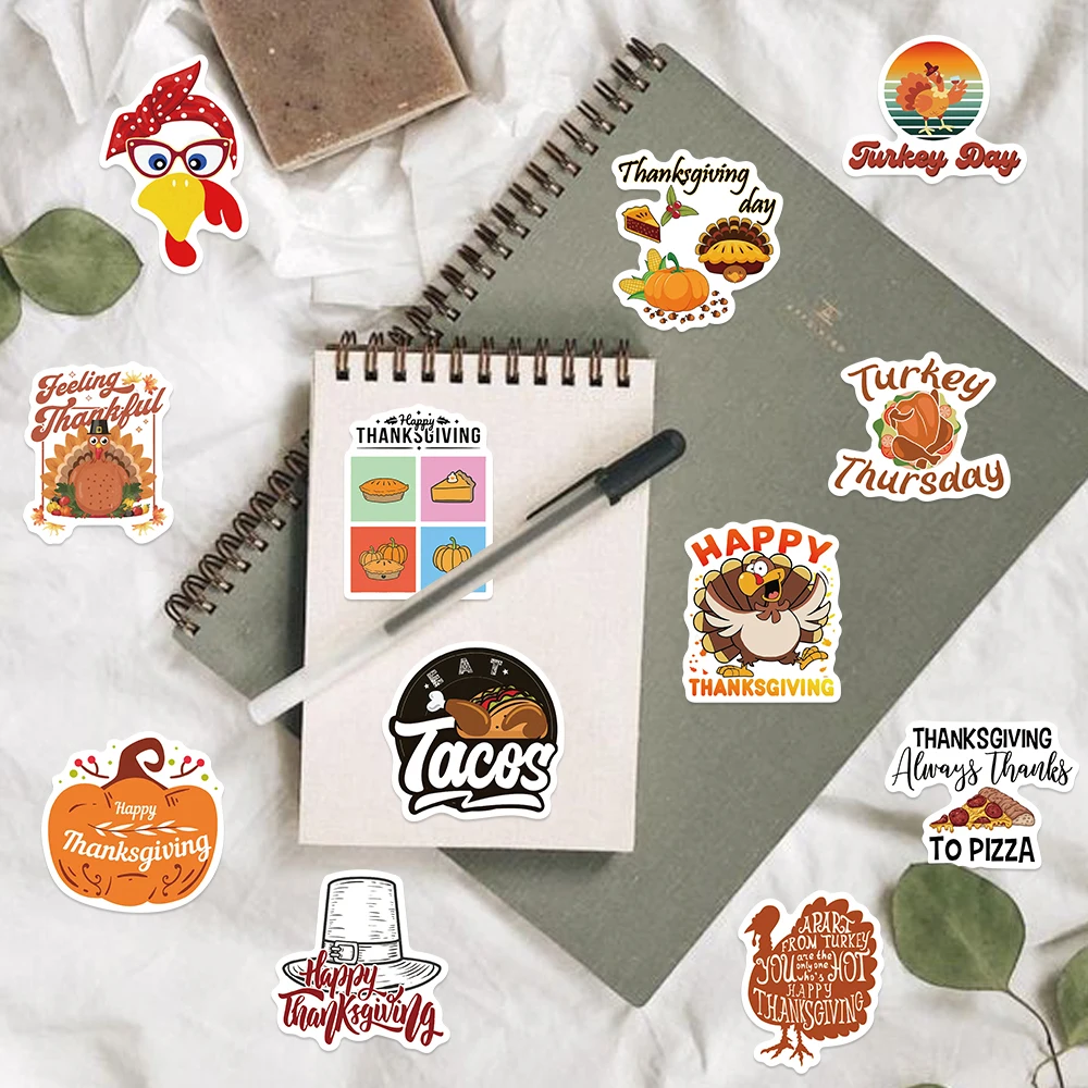 50PCS Thanksgiving Day Stickers Waterproof Decoration Diary Scrapbook Turkey Cartoon Graffiti Golden Good Harvest Decals