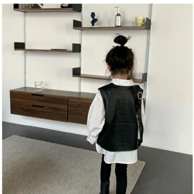 2024 Spring New Fashion Set Girls' Fashionable Leather Clothes and Vest Shirts Two piece Set Children's Personalized Top