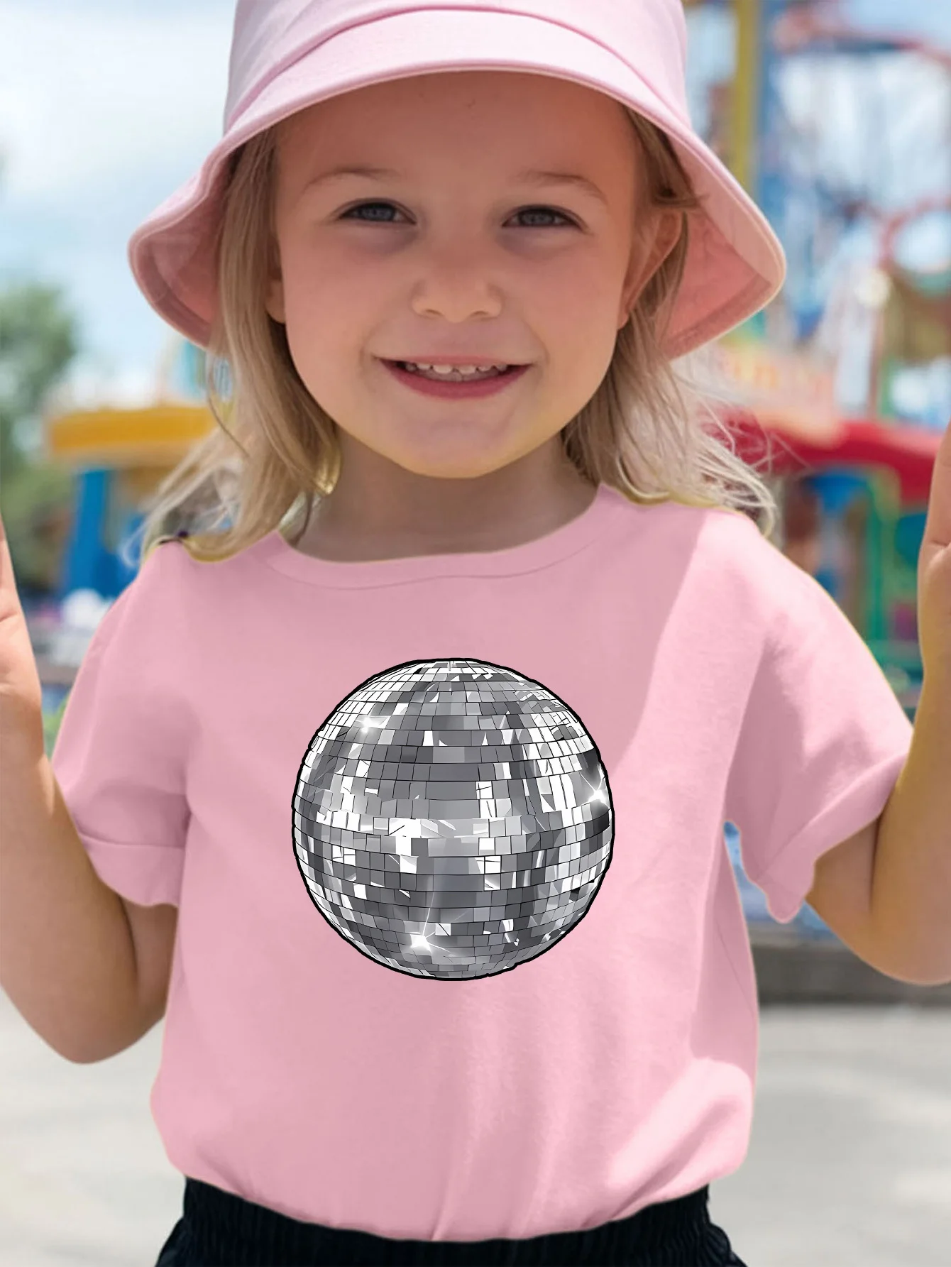 Shiny Silver Disco Ball Graphic Print Kids Tee Boys Girls Family Match Cotton Crew Neck Short Sleeve Soft Summer Casual Kid Wear