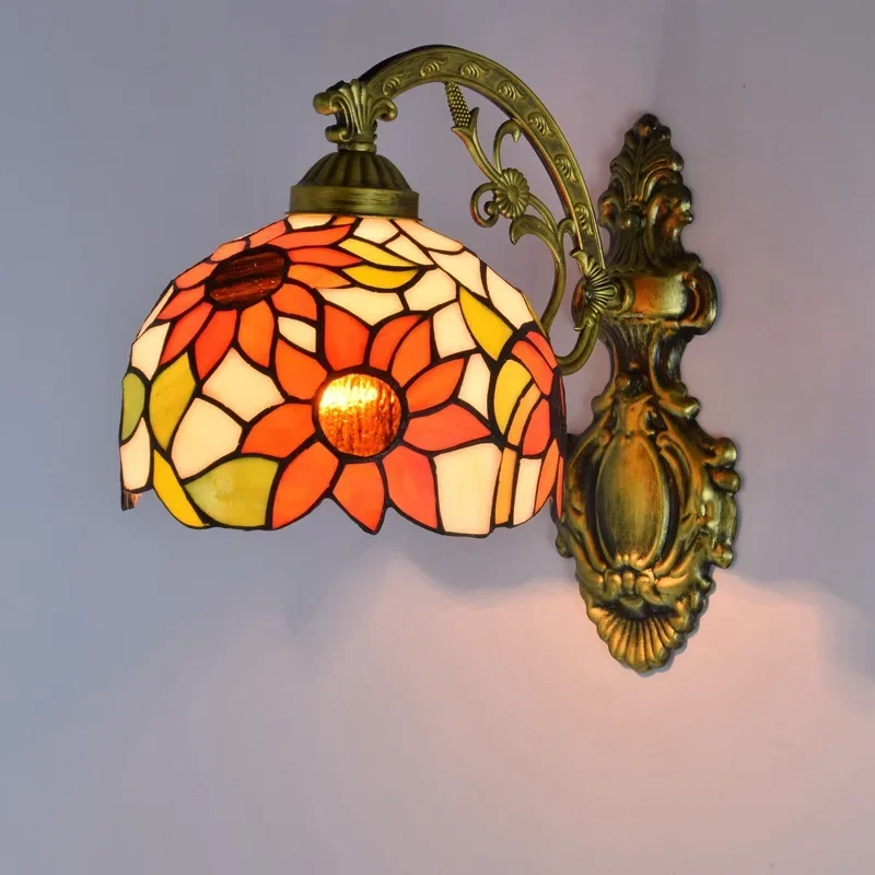 

Tiffany stained glass retro mirror headlamp field bedside wall lamp aisle sunflower single head glazed wall lamp