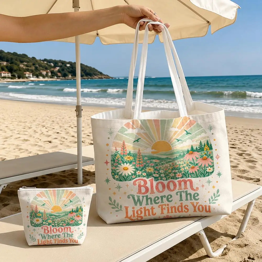 Boho Freedom Quotes Storage Bags 2-Piece Women's Canvas Zipper Large Capacity Reusable Daily Commute Shopping&Gift