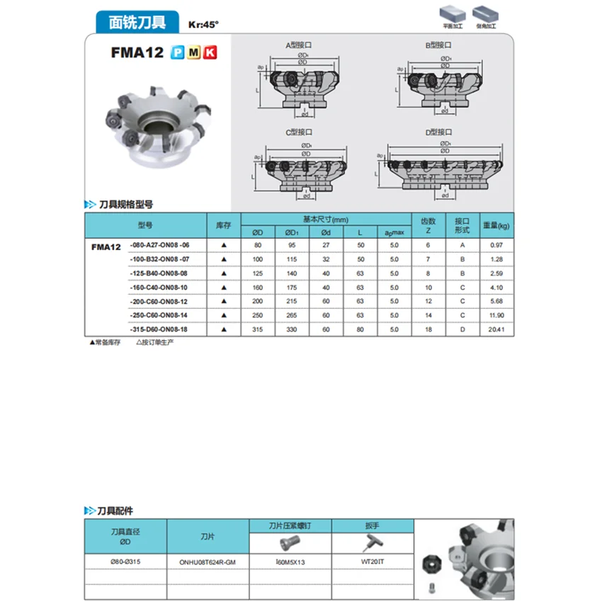 FMA12-080-A27-ON08-06C / FMA12-100-B32-ON08-07 ZCC.CT 45° face milling cutter tools 1PCS/BOX