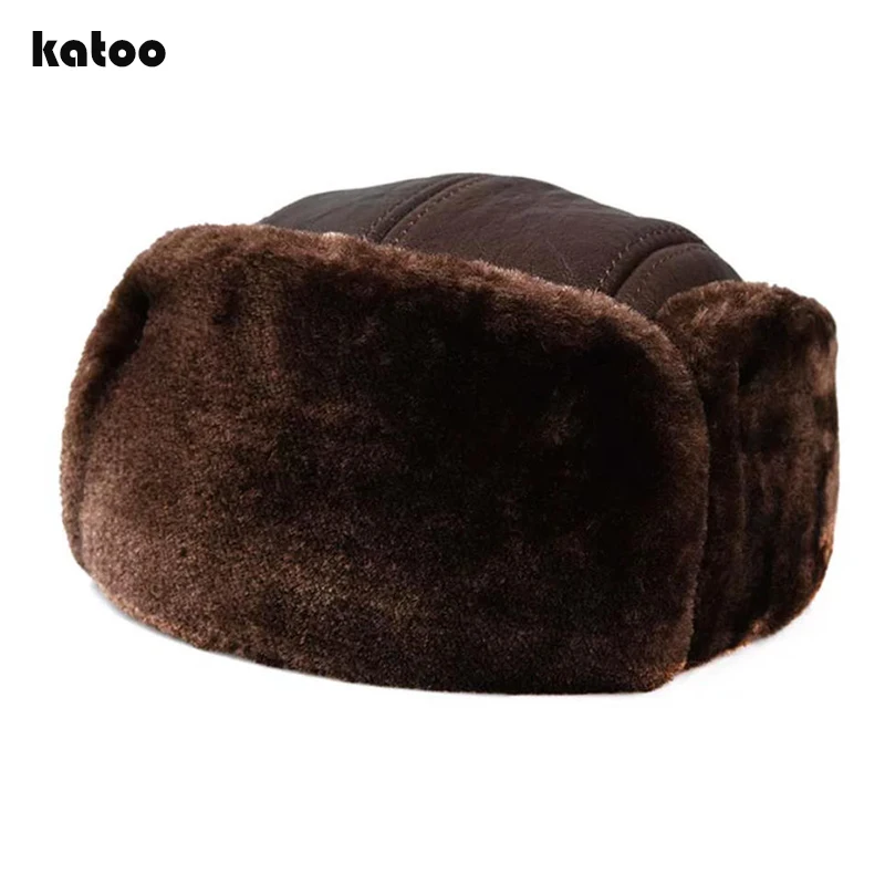 Leather hats for Men Winter Thick Warm Faux Fur Inside Big Earflap Middle-Aged Elderly Father Lei Feng Hats Gorras Ear Cap