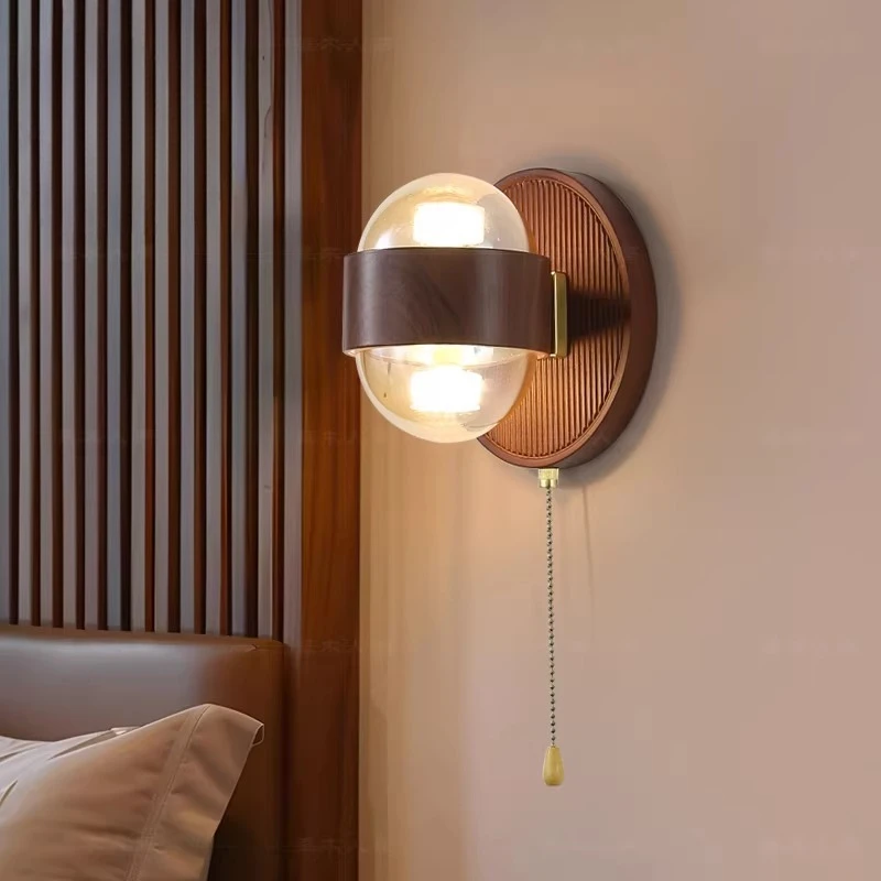Japanese Walnut Wood Color Bedroom Bedside Wall Lamp LED Zipper Switch Living Room Study Corridor Vintage Atmosphere Wall Lights