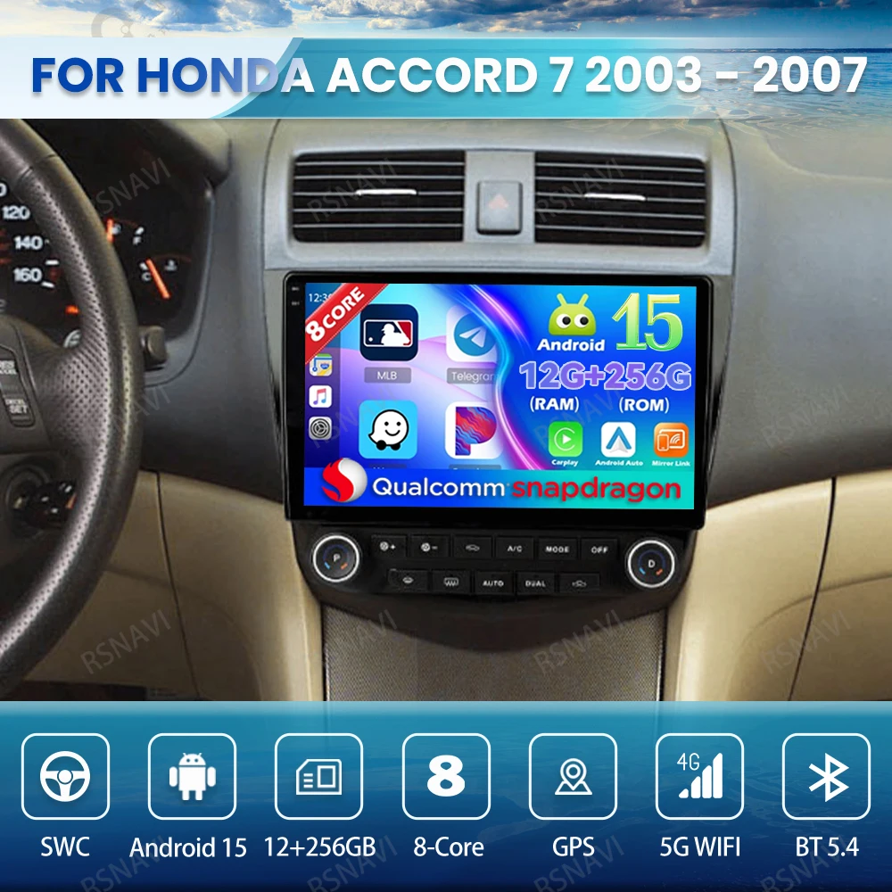 Android 15 Car Radio For Honda Accord 7 2003 - 2007 Multimedia QLED Viedo Player DSP Autoradio Wireless Carplay Auto Qualcomm BT