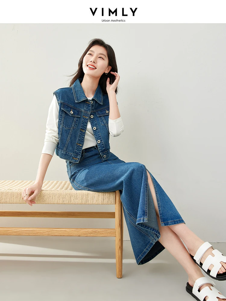 Vimly Retro Washed Cotton Denim Skirt Sets 2024 Spring Lapel Sleeveless Jean Jacket Sraight Split Midi Skirt 2 Piece Set 72925