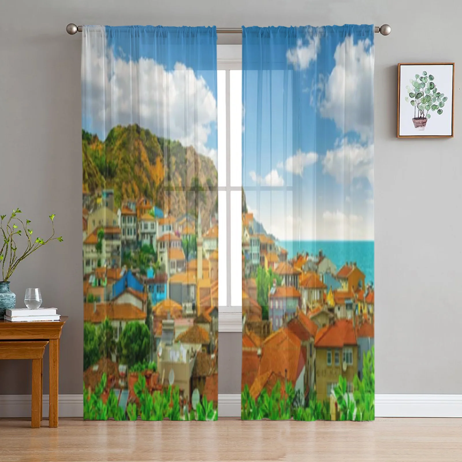 Village Landscape On The Coast Sheer Curtains For Living Room Kids Bedroom Tulle Curtains Kitchen Window Treatment Drapes