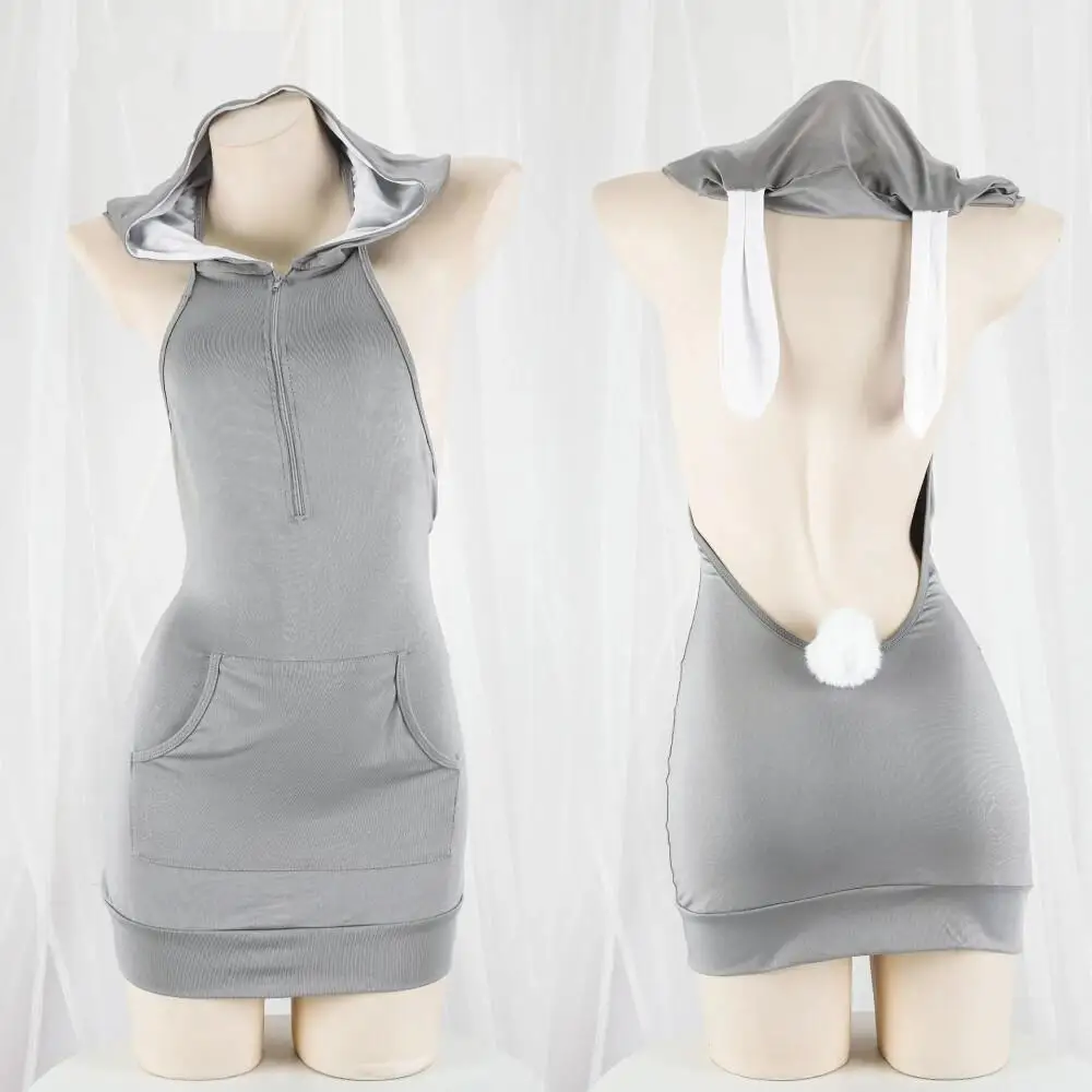 Süßes Hasen-Themen-Cosplay-Kleid für Damen, grau, mit Kapuze, rückenfrei, Reißverschluss, tiefer Rückenausschnitt, Kostüm für Comic Con, Fotoshooting-Outfit