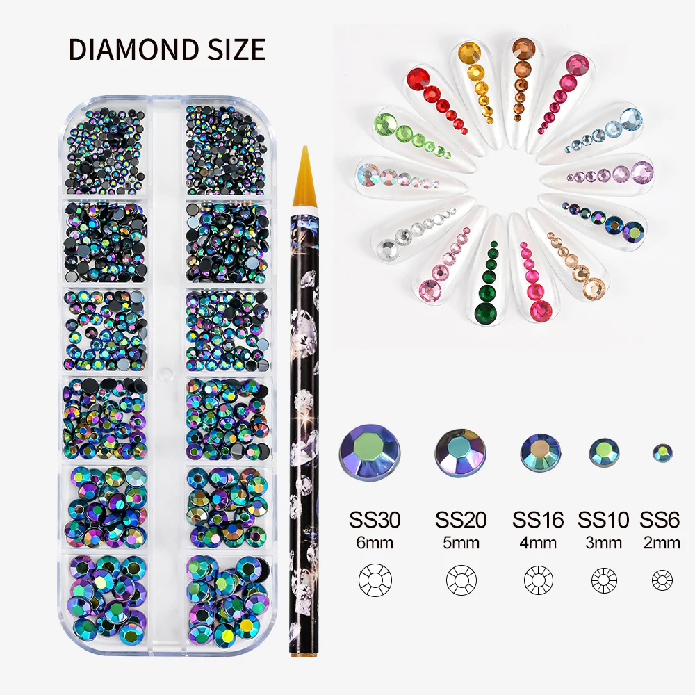 12 griglie 3D dimensioni miste rotonde nail art strass con punti diamante pastello vetro AB cristallo gemma decorazione nail art pendenti per unghie