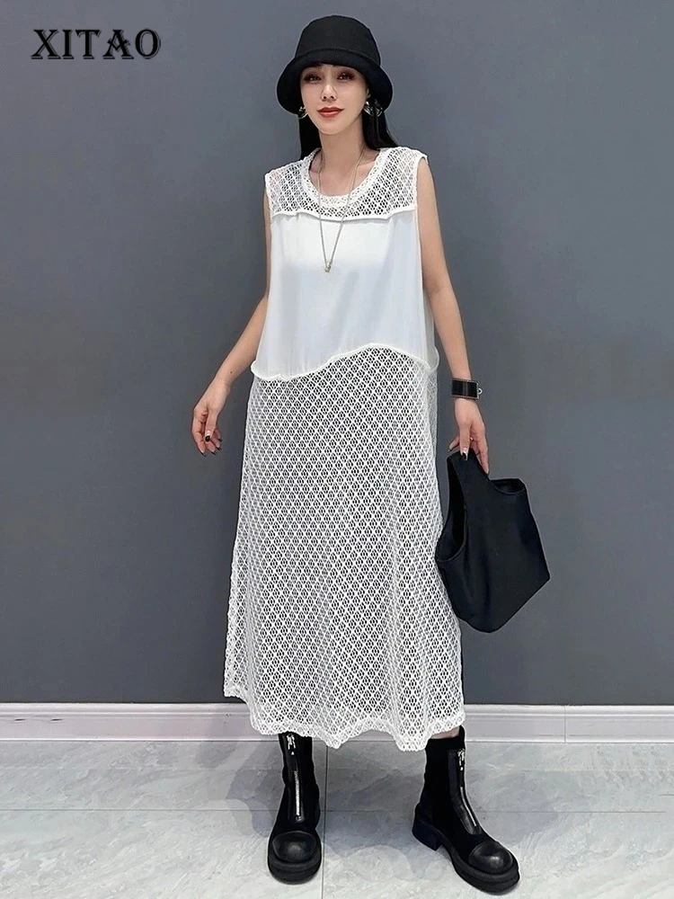 

XITAO Hollow Out Patchwork Sleeveless Dress Casual Solid Color Simple A-line Fashion New Arrival Summer Women Dress ZMY1244
