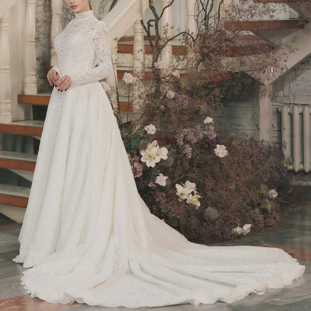 Customized Vintage Full Lace Wedding Dress High Neck Long Sleeve Muslim Bridal Gown Bead A Line Church vestidos de novia