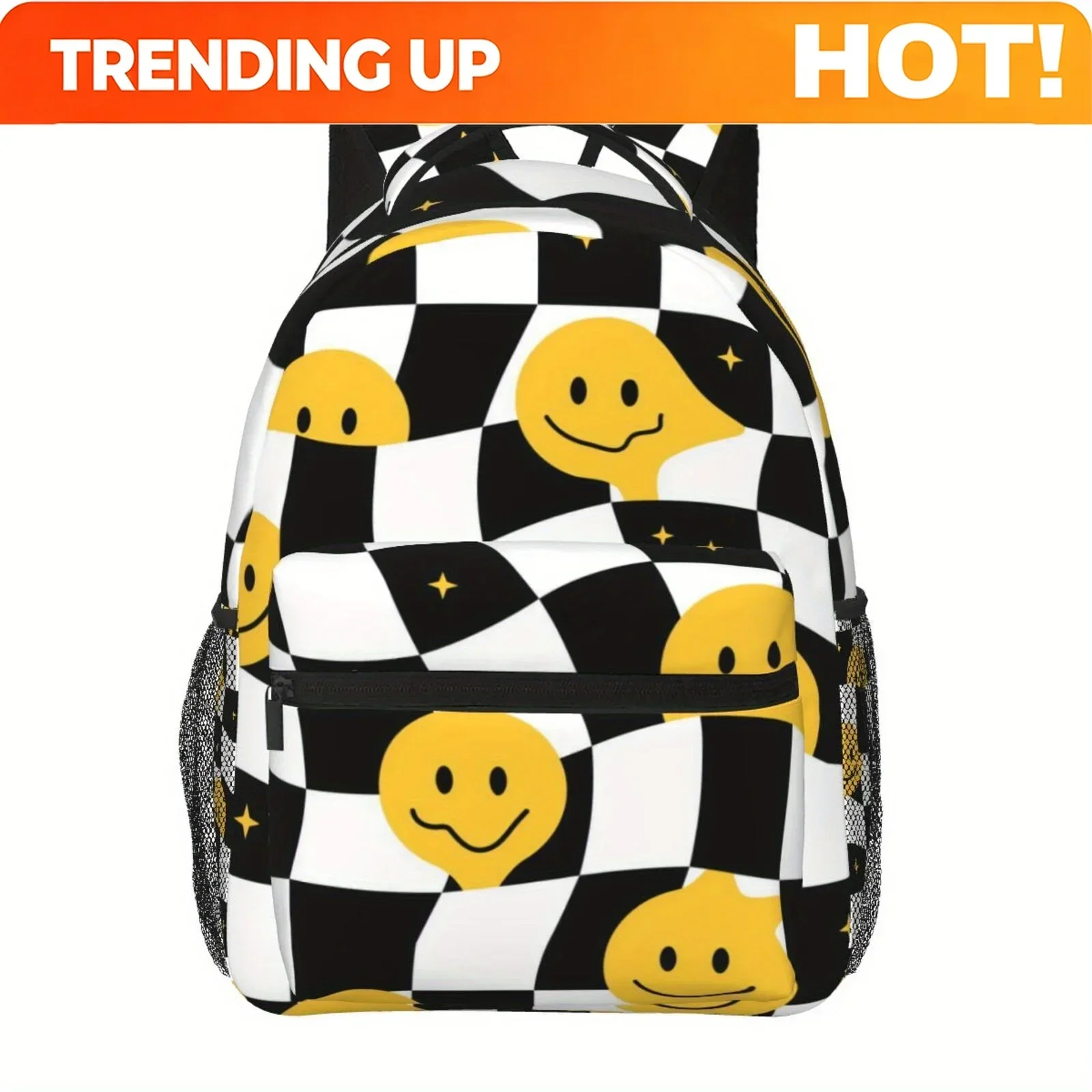 Custom Bag 1pc Checkerboard Face Theme Large Capacity Backpack - Lightweight, Durable Polyester Fiber, Double Mesh Pocket, Zippe