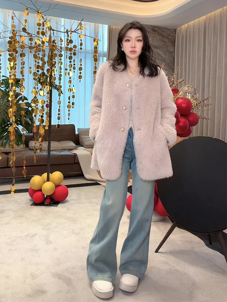

Warm Woolen Fur Coat ME Vini Bean 00 Woolen Faionable Versatile Mid-Length Women's Outerwear Casual Sle Thiened Long S...