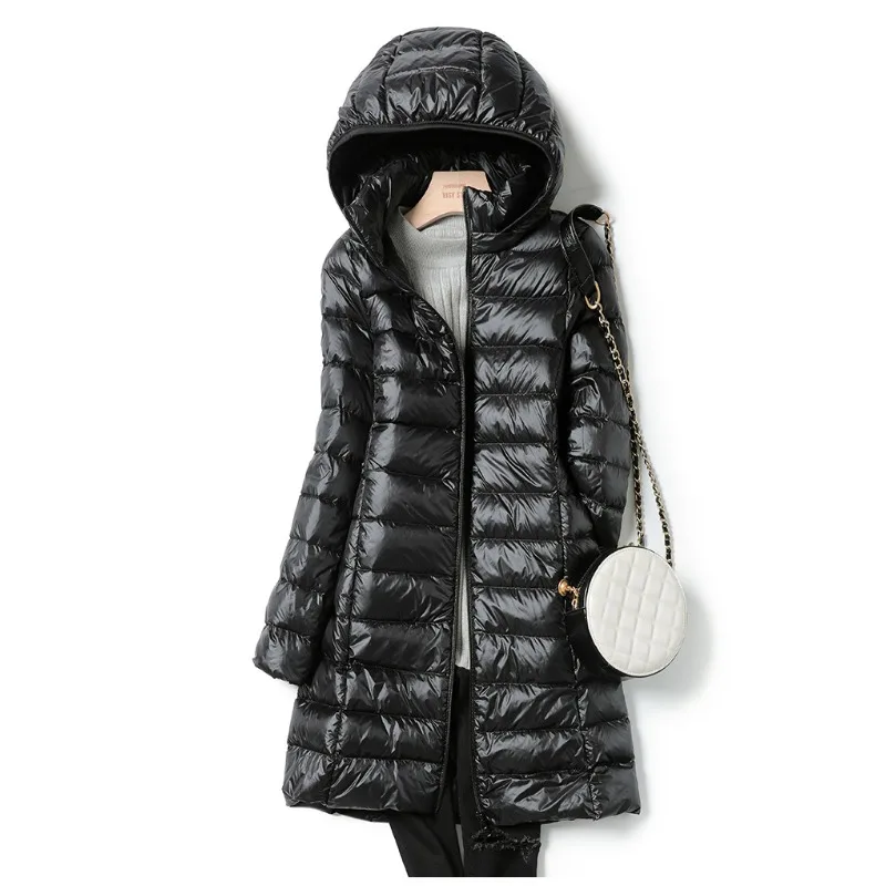 Autumn/Winter New Lightweight Thin Down Jacket for Women - Mid-Length, Form-Fitting, Hooded, Large Size Coat Women's Clothing