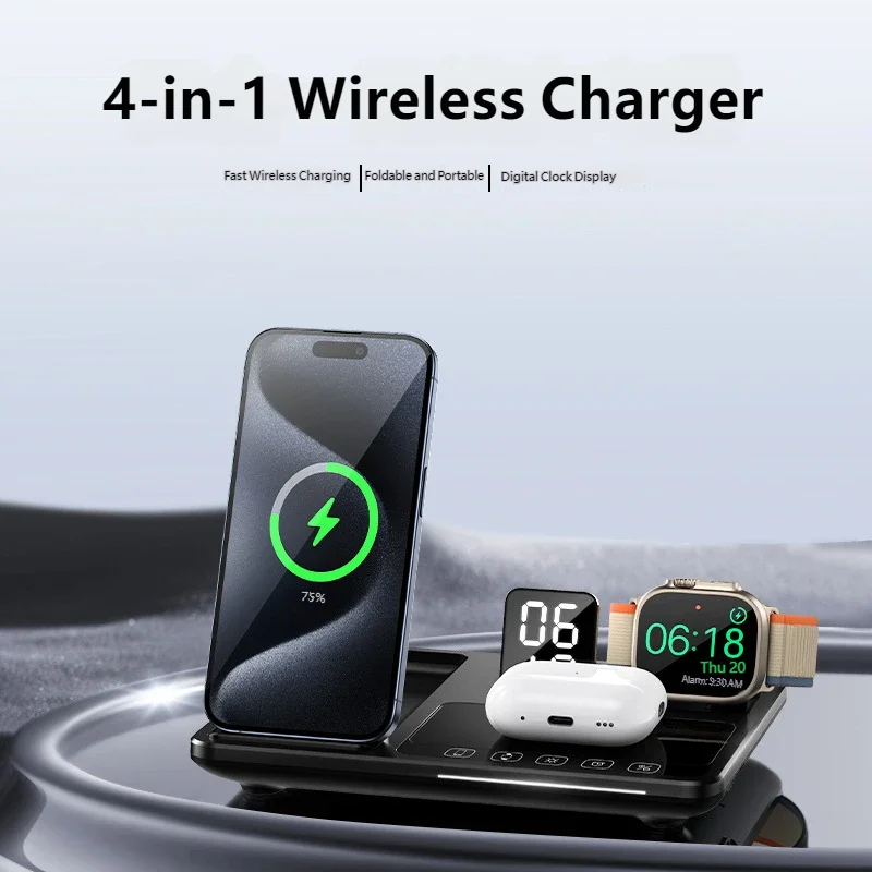 3 in 1 Desktop Wireless Charger Station with Clock Touch LED Digital Display Super Smart Fast Charging for iPhone Samsung Huawei