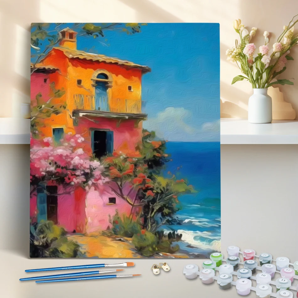 

RUOPOTY Painting By Numbers Modern Seaside town scenery Handpainted Oil Painting On Canvas Acrylic Kits Wall Decoration For Home
