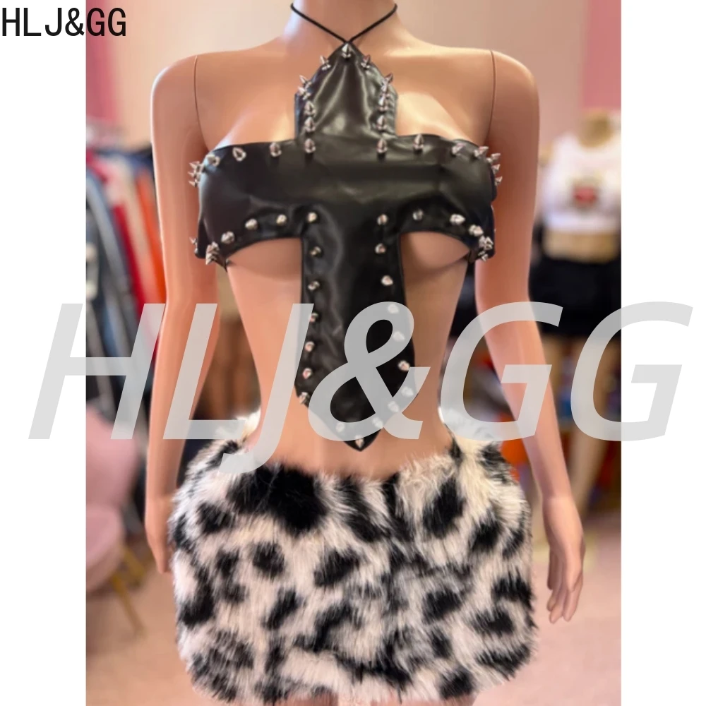 

HLJ&GG Sexy Leather Bandage Hollow Two Piece Sets Women Sleeveless Slim Top And Fur Mini Skirts Outfits Fashion 2pcs Streetwear