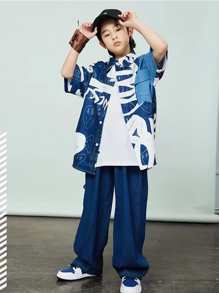 เด็กStreetwearชุดเด็กHip Hopเครื่องแต่งกายGraffitiกางเกงยีนส์เสื้อกางเกงหลวมสําหรับสาวStreet Danceเด็กแจ๊สเสื้อผ้า