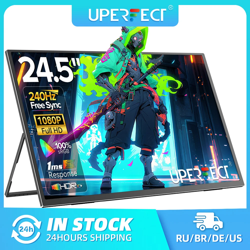 شاشة UPERFECT المحمولة مقاس 24.5 بوصة، شاشة عرض ألعاب 240 هرتز، 1200:1 FreeSync 1MS Fast IPS شاشة كبيرة مدمجة بحامل قابل للتعديل بزاوية 180 درجة / VESA USB-C HDMI لأجهزة الكمبيوتر المحمول والهاتف ووحدة التحكم في الألعا