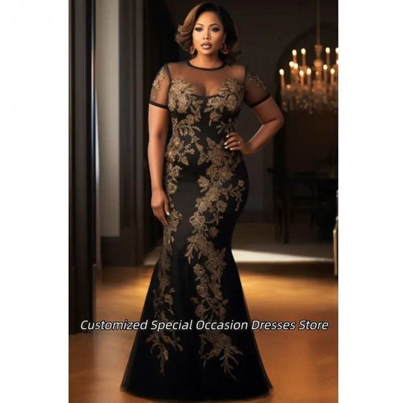 

Elegant Lace Applique Short Sleeves Mother Dress Illusion Collar Evening Dresses For Women Wedding Reception Gowns Customized