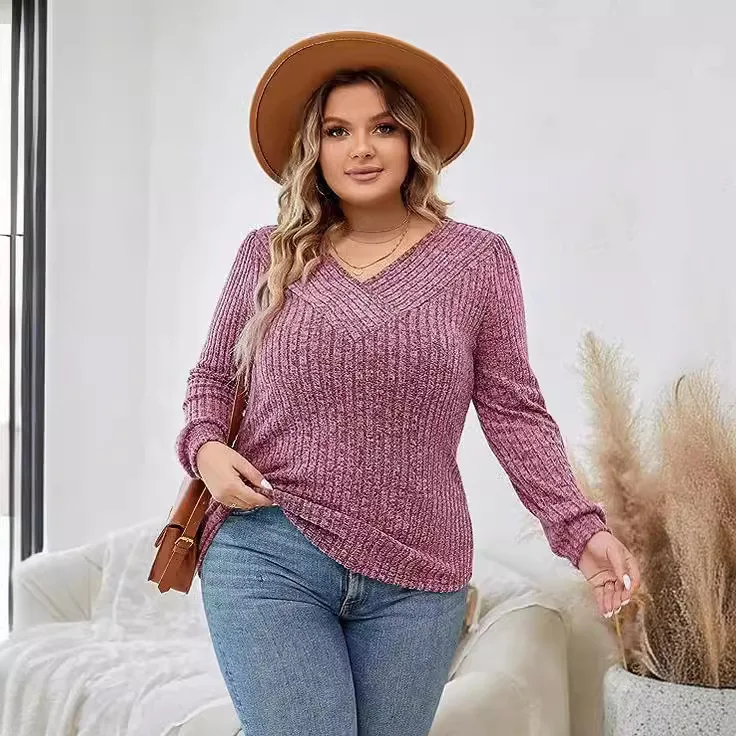 New Women's Plus Size V-neck Knitted Sweater Loose Casual Long Sleeved Sweater