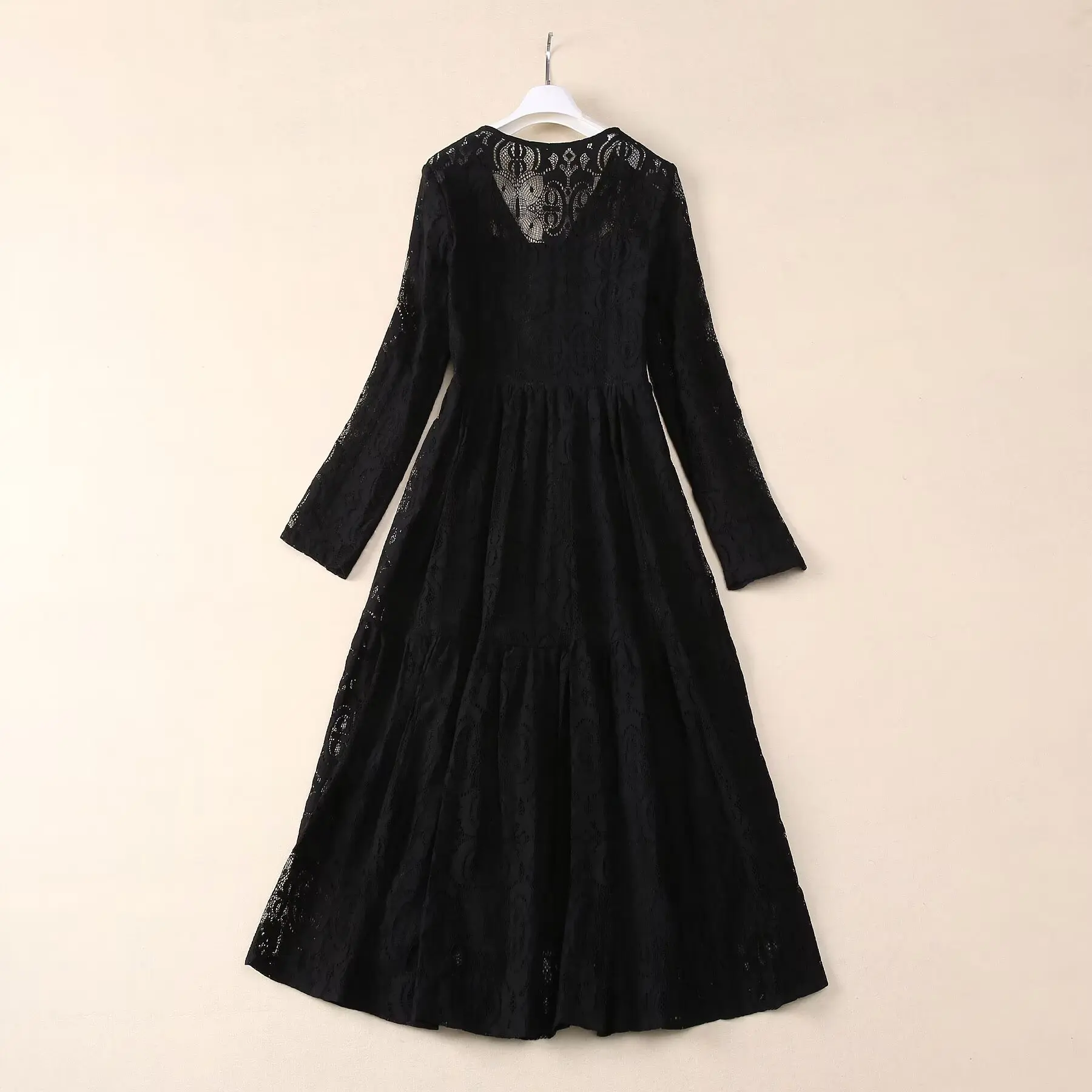 ZJYT Elegant Autumn Long Sleeve Lace Dresses for Women 2024 Fashion V Neck Hollow Out Midi Party Dress Black Vestidos Vintage