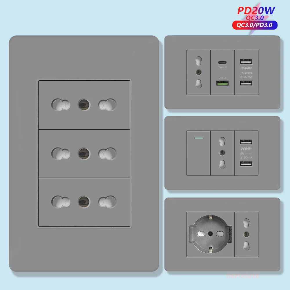 Grey PC Italy USB Type C Fast Charging Wall Socket Chile Schuko Smart Outlet Sat TV Computer CAT6 Electric Light Switch Panel