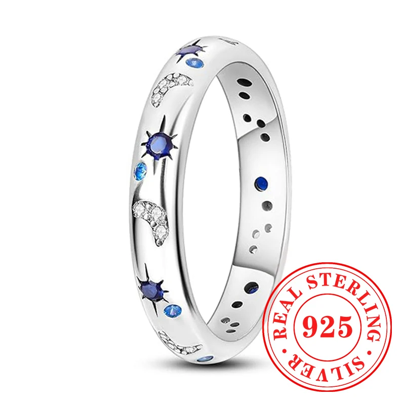 Huitan-anillos de plata de ley 925 con diseño de luna y estrella, joyería Simple y elegante, entrelazada, brillante, azul/blanco, CZ