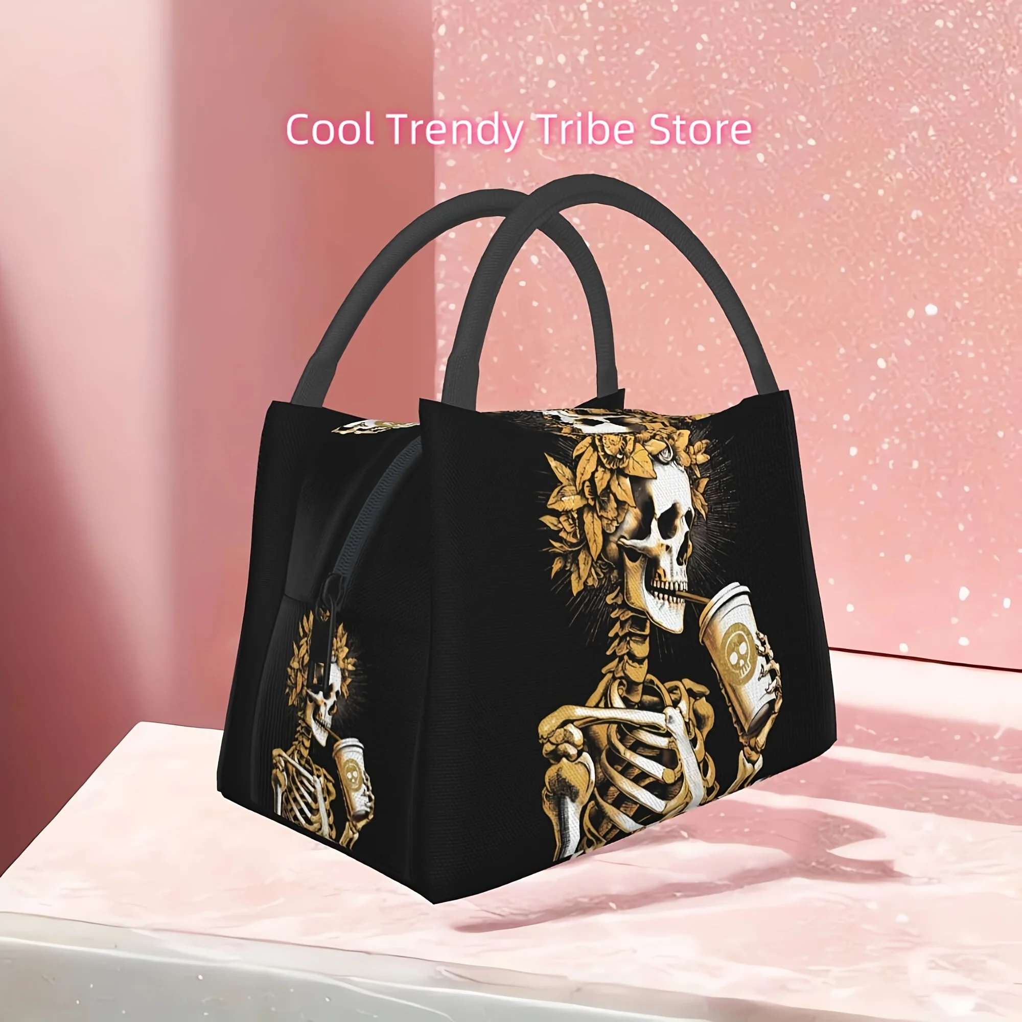 Skull & Coffee Insulated Lunch Bag, Portable & Reusable for Work, Picnics, Beach Hiking | Durable Polyester, Fantasy Theme, Home