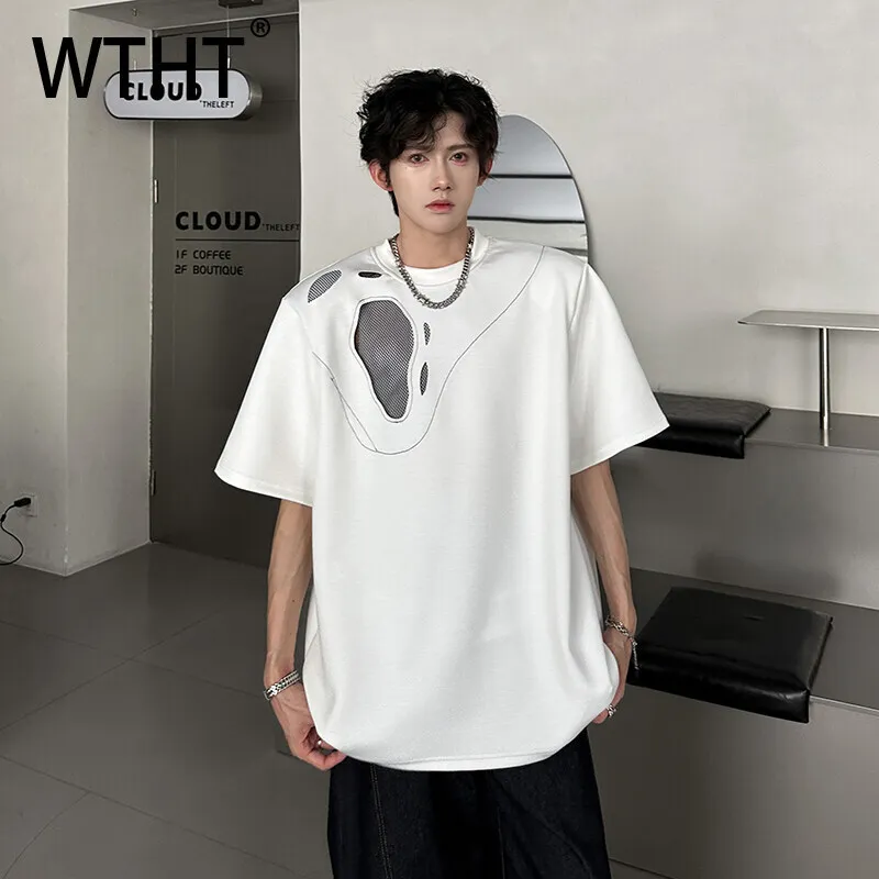 

WTHT Trendy 2025 Summer Men's Hollow Out Spliced Gauze Shoulder Pads T-shirt American Style Short Sleeves Tops Male 2A1075