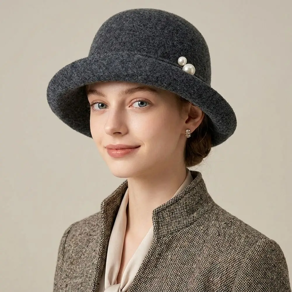 Retro Wool Blend Fedoras Hat Curled Brim French Style Woolen Bucket Hat Elegant Pure Color Wool Fisherman Hat Streetwear
