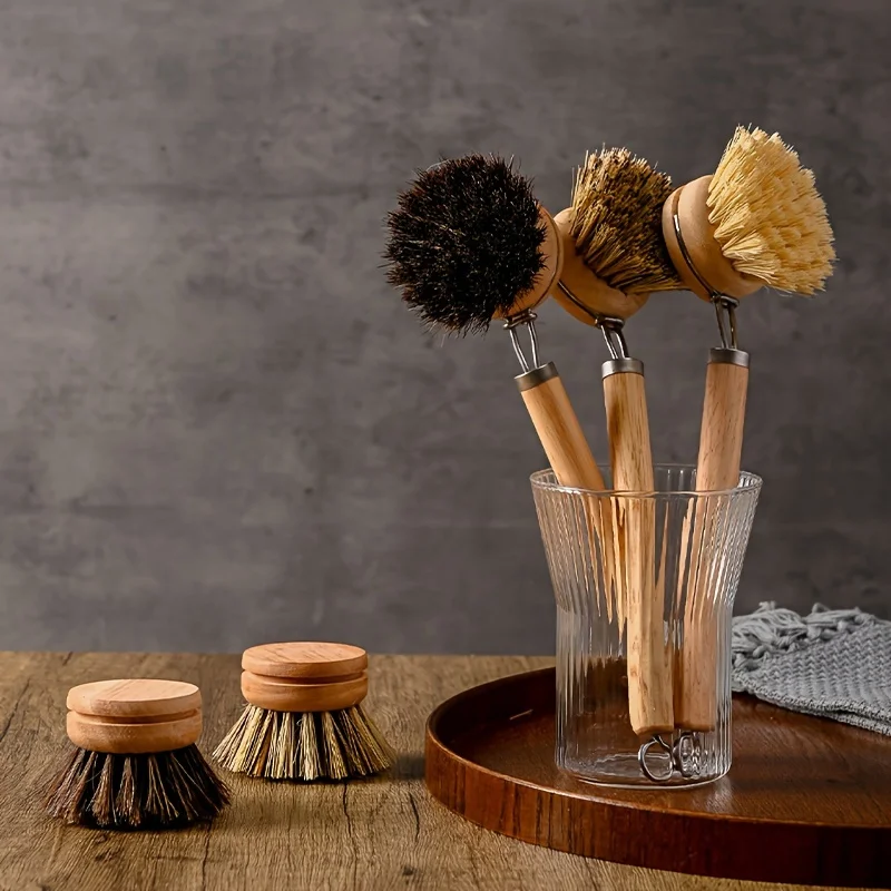 4pcs Detachable Pot Brush w/ Long Wooden Handle - Natural Sisal/Coconut Fiber Soft Bristles, Kitchen Cleaning Tool