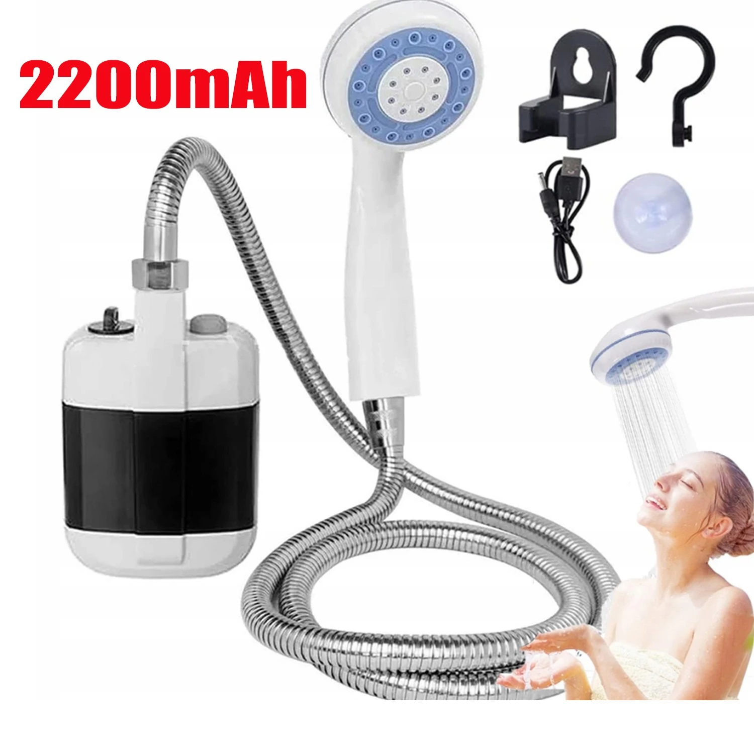 Pulvérisateur de douche électrique portable rechargeable par USB, batterie intégrée de grande capacité 2200 mAh, pomme de douche étanche, débit d'eau réglable, appareil de douche pour le camping en plein air, les voyages en voiture, la randonnée, le bain des animaux, le nettoyage du jardin