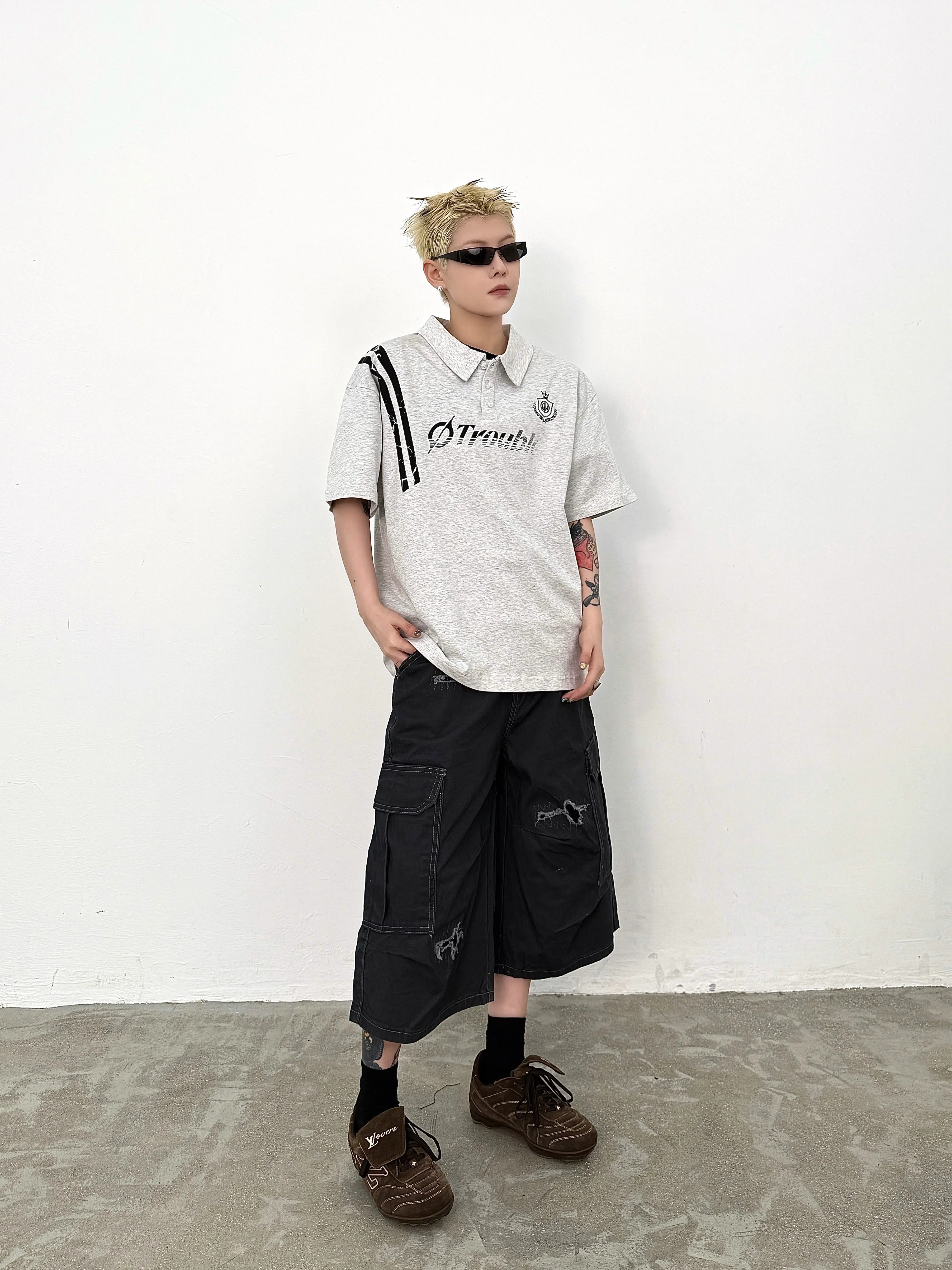 2026 Summer New Men's American High Street Style Black Lapel Polo Shirt Loose Casual Grey Letter Print Short Sleeve T-Shirt
