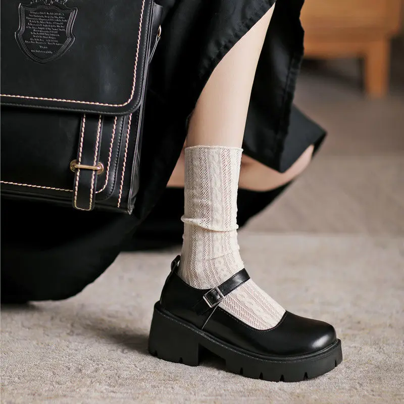 

Женские туфли Мэри Джейн с круглой головкой, кожаные черные лоферы на толстом высоком каблуке в японском студенческом стиле на платформе в стиле ретро