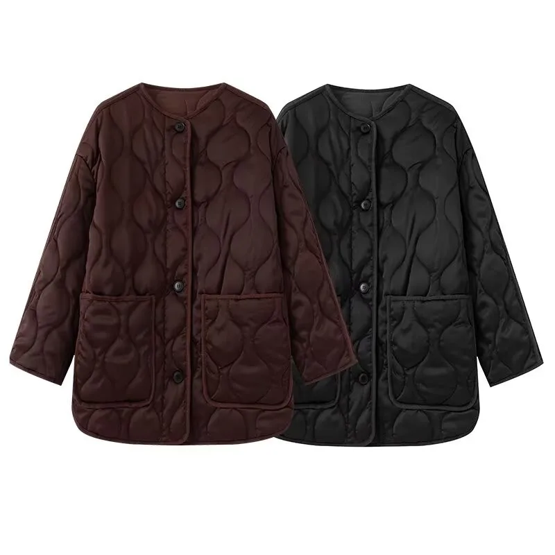 

BSK&TRAF2025 Autumn New Women's Solid Color Retro Large Pocket Round Neck Long Sleeve Loose Quilted Cotton Jacket Coat
